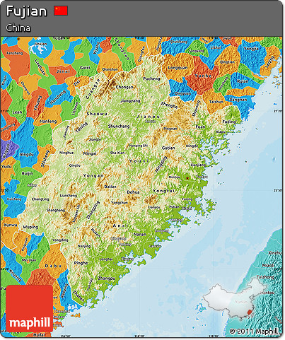 Physical Map of Fujian, political outside