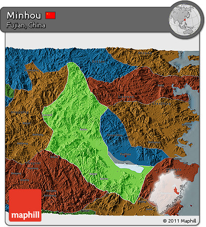 Political 3D Map of Minhou, darken