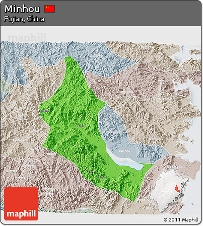 Political 3D Map of Minhou, lighten, semi-desaturated