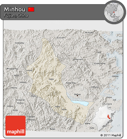 Shaded Relief 3D Map of Minhou, semi-desaturated