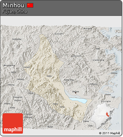Shaded Relief 3D Map of Minhou, semi-desaturated