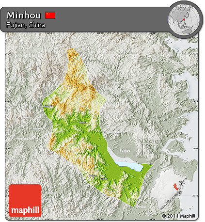 Physical Map of Minhou, lighten, semi-desaturated