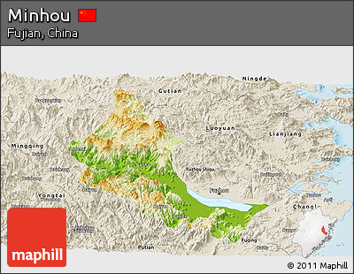 Physical Panoramic Map of Minhou, shaded relief outside