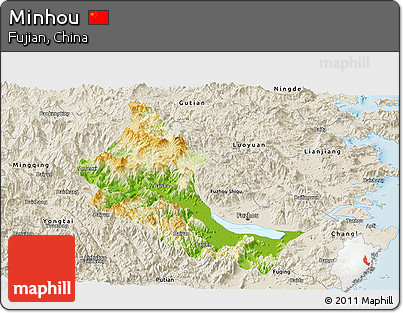 Physical Panoramic Map of Minhou, shaded relief outside