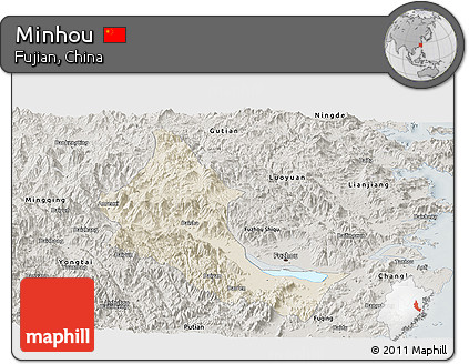 Shaded Relief Panoramic Map of Minhou, semi-desaturated