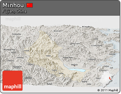 Shaded Relief Panoramic Map of Minhou, semi-desaturated