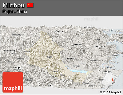 Shaded Relief Panoramic Map of Minhou, semi-desaturated