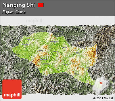 Physical 3D Map of Nanping Shi, darken, semi-desaturated
