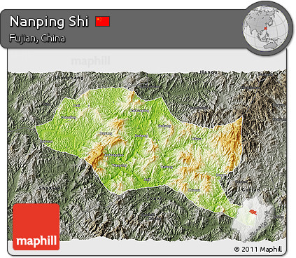 Physical 3D Map of Nanping Shi, darken, semi-desaturated