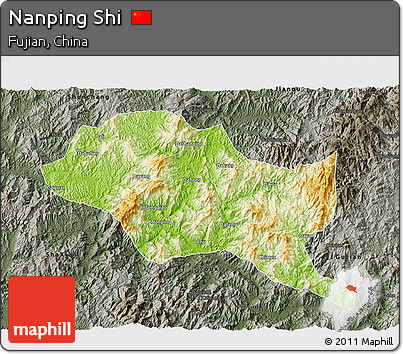 Physical 3D Map of Nanping Shi, darken, semi-desaturated