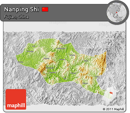 Physical 3D Map of Nanping Shi, lighten, desaturated