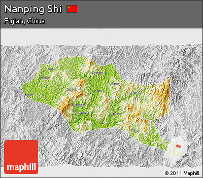 Physical 3D Map of Nanping Shi, lighten, desaturated