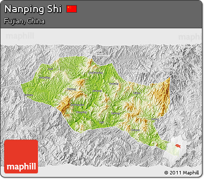 Physical 3D Map of Nanping Shi, lighten, desaturated