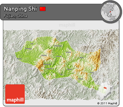 Physical 3D Map of Nanping Shi, lighten, semi-desaturated
