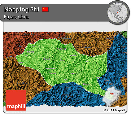 Political 3D Map of Nanping Shi, darken