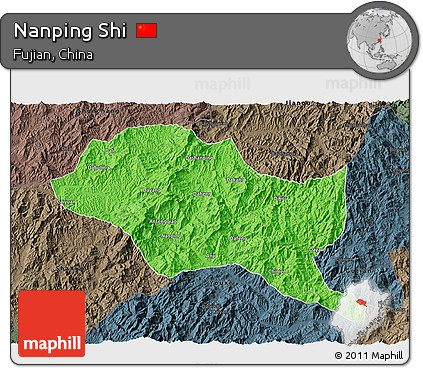 Political 3D Map of Nanping Shi, darken, semi-desaturated