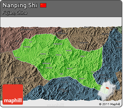 Political 3D Map of Nanping Shi, darken, semi-desaturated