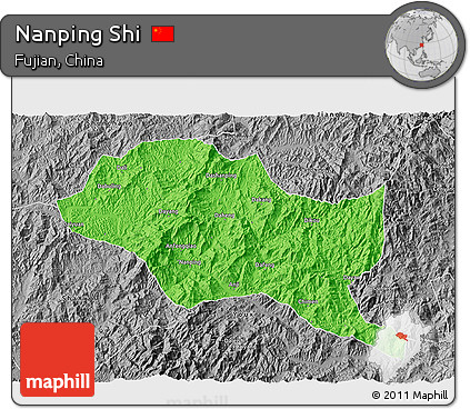 Political 3D Map of Nanping Shi, desaturated
