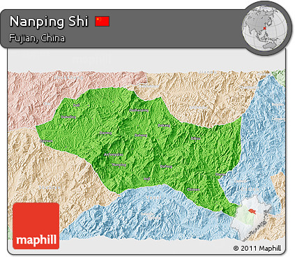 Political 3D Map of Nanping Shi, lighten