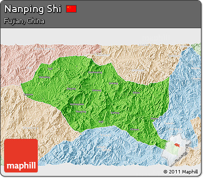 Political 3D Map of Nanping Shi, lighten