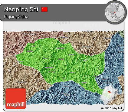 Political 3D Map of Nanping Shi, semi-desaturated