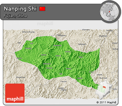 Political 3D Map of Nanping Shi, shaded relief outside