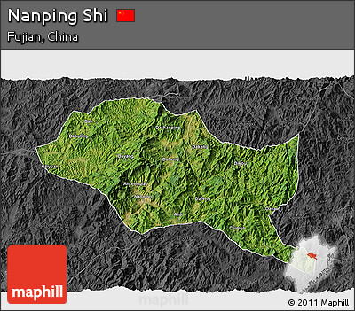 Satellite 3D Map of Nanping Shi, darken, desaturated