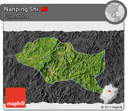 Satellite 3D Map of Nanping Shi, darken, desaturated