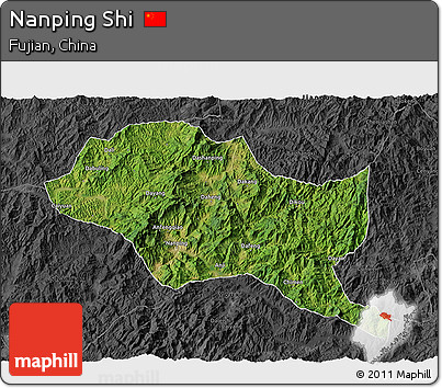 Satellite 3D Map of Nanping Shi, darken, desaturated