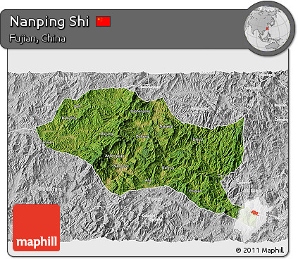 Satellite 3D Map of Nanping Shi, lighten, desaturated