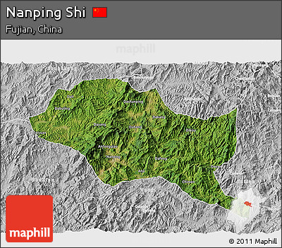 Satellite 3D Map of Nanping Shi, lighten, desaturated