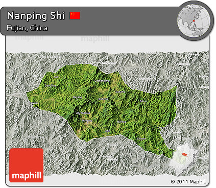 Satellite 3D Map of Nanping Shi, lighten, semi-desaturated