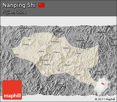 Shaded Relief 3D Map of Nanping Shi, darken, desaturated