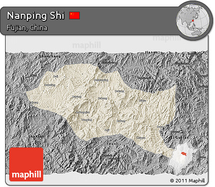 Shaded Relief 3D Map of Nanping Shi, darken, desaturated