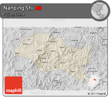 Shaded Relief 3D Map of Nanping Shi, desaturated