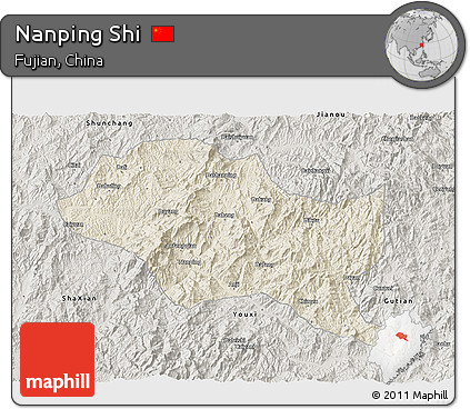 Shaded Relief 3D Map of Nanping Shi, semi-desaturated
