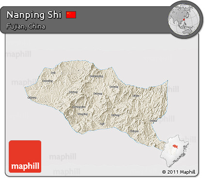 Shaded Relief 3D Map of Nanping Shi, single color outside