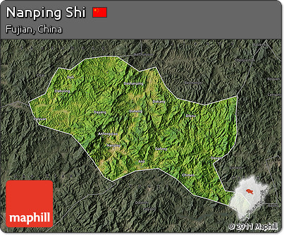 Satellite Map of Nanping Shi, darken, semi-desaturated