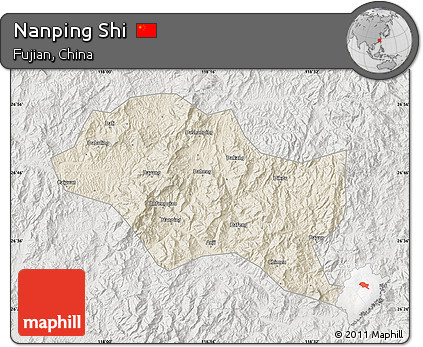 Shaded Relief Map of Nanping Shi, lighten, semi-desaturated