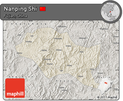 Shaded Relief Map of Nanping Shi, semi-desaturated