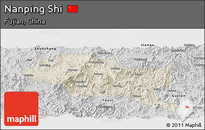 Shaded Relief Panoramic Map of Nanping Shi, desaturated