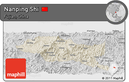 Shaded Relief Panoramic Map of Nanping Shi, desaturated