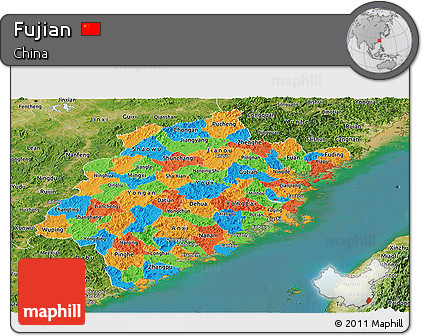 Political Panoramic Map of Fujian, satellite outside