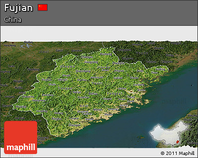 Satellite Panoramic Map of Fujian, darken