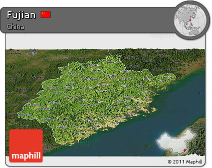 Satellite Panoramic Map of Fujian, darken