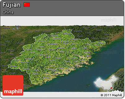 Satellite Panoramic Map of Fujian, darken