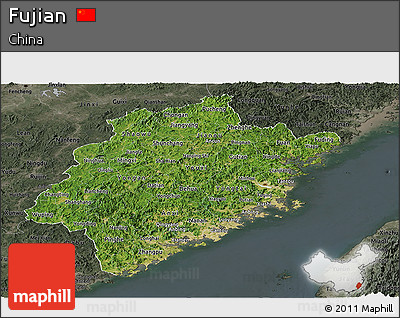 Satellite Panoramic Map of Fujian, darken, semi-desaturated