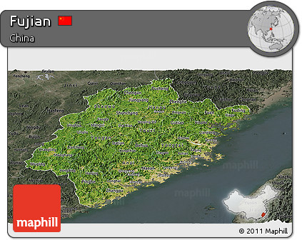 Satellite Panoramic Map of Fujian, darken, semi-desaturated