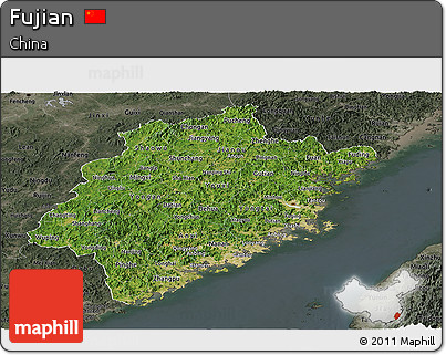 Satellite Panoramic Map of Fujian, darken, semi-desaturated