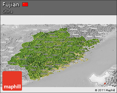 Satellite Panoramic Map of Fujian, lighten, desaturated
